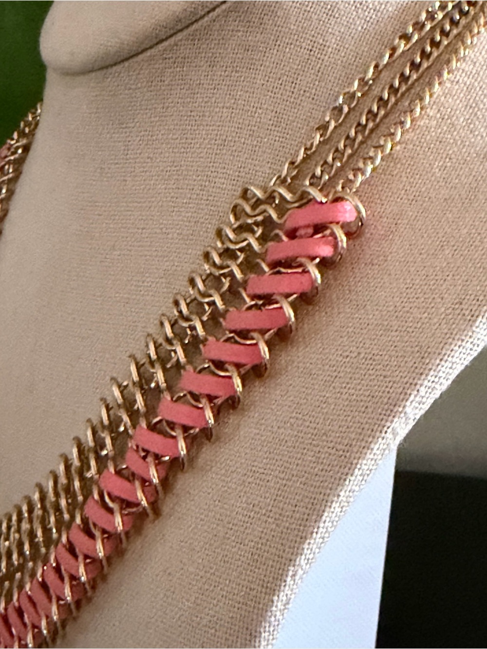 Vintage Gold & Pink Leather Ribbon Braided Collar Bib Statement Necklace - Picture 3 of 4